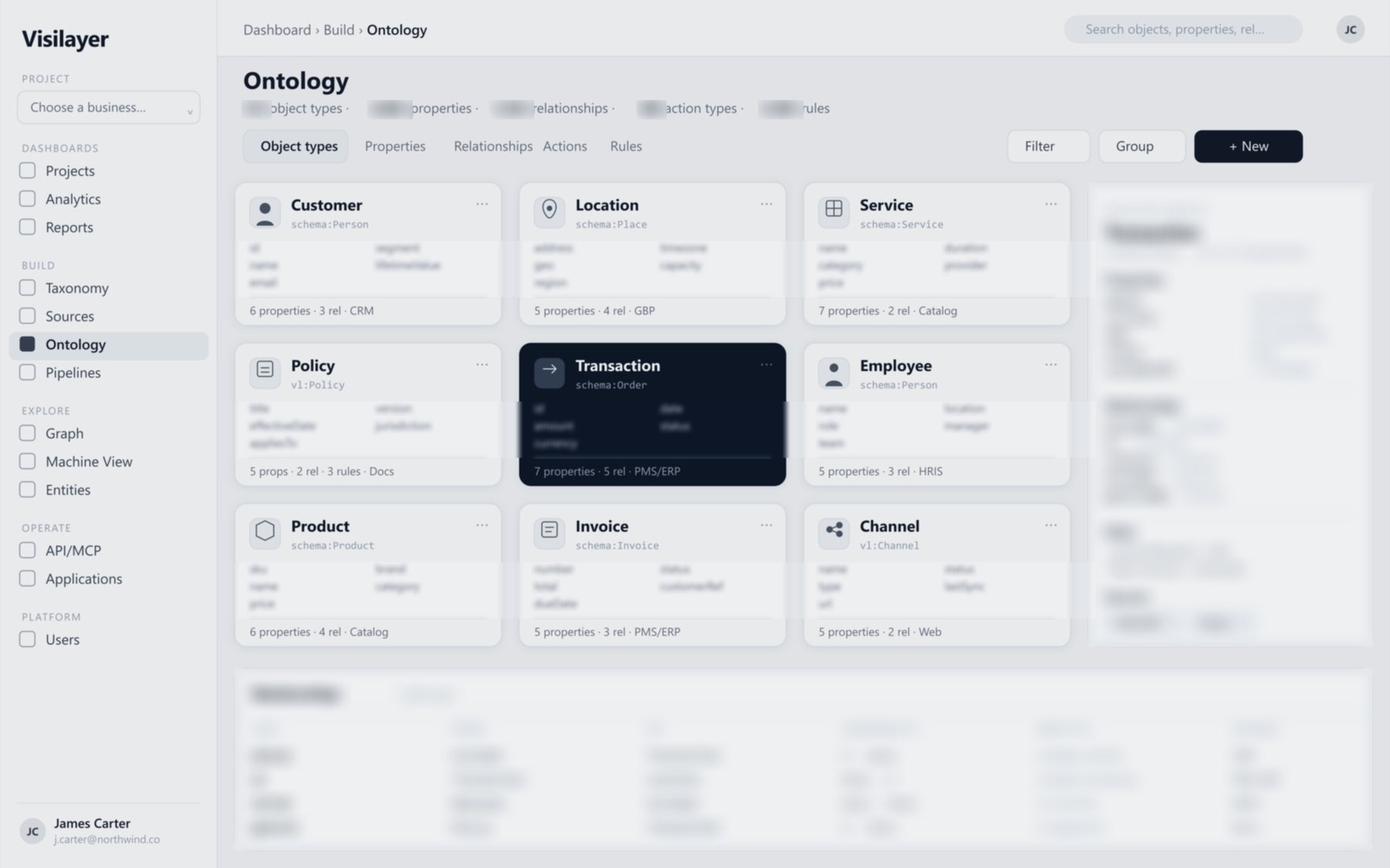 The Visilayer ontology workspace: object types with their properties, relationships, rules and source systems